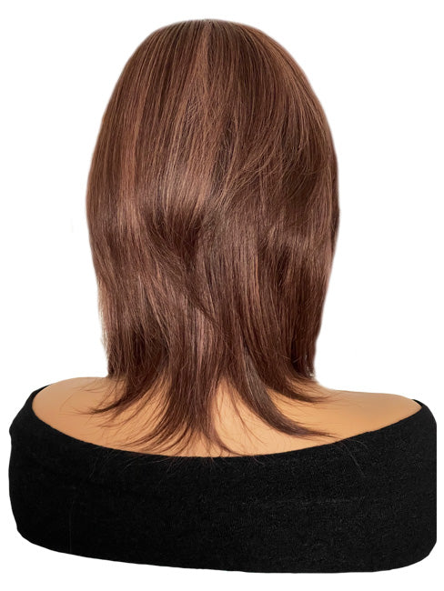 12 inch Razor End Reddish Brown Human Hair Cranial Prosthetic Wig with Highlights
