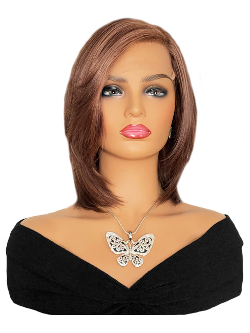 12 inch Razor End Reddish Brown Human Hair Cranial Prosthetic Wig with Highlights