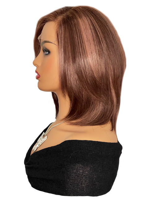 12 inch Razor End Reddish Brown Human Hair Cranial Prosthetic Wig with Highlights