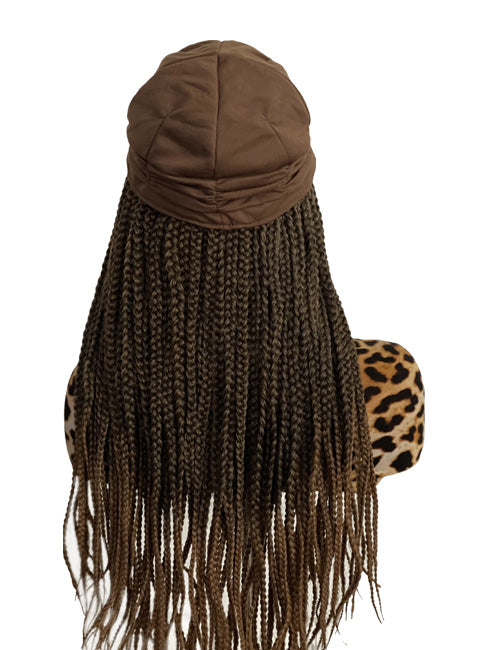 Tan Fashion Hat with 20″ Synthetic Brown Braids Attached