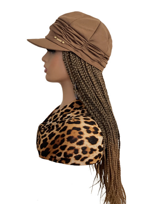 Tan Fashion Hat with 20″ Synthetic Brown Braids Attached