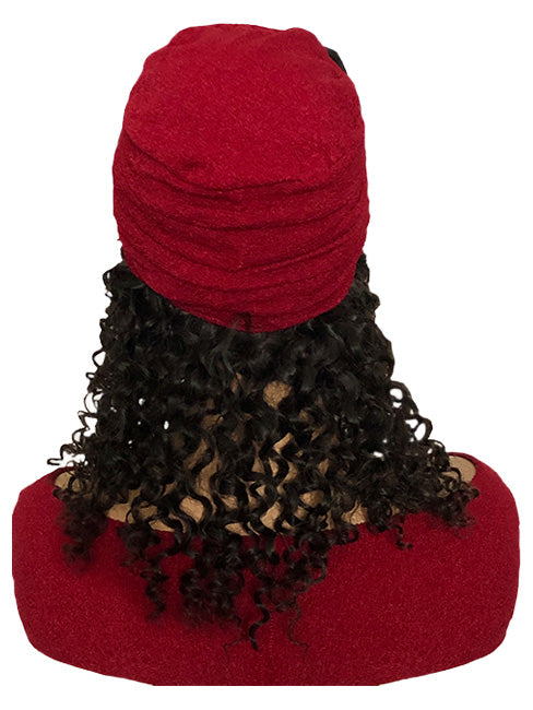 Women's Stylish Red Turban with Black Flower and 14" Curly Black Hair Attached