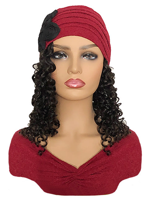 Women's Stylish Red Turban with Black Flower and 14" Curly Black Hair Attached