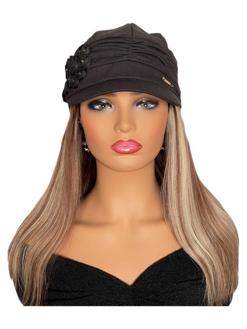 Stylish Black Chemo Hat with 16" Straight Blonde & Brown Hair Attached