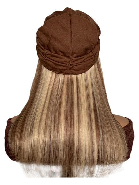 Stylish Chemo Hat with 16" Straight Blonde & Brown Hair Attached
