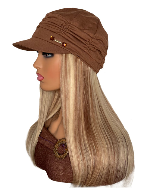 Stylish Chemo Hat with 16" Straight Blonde & Brown Hair Attached