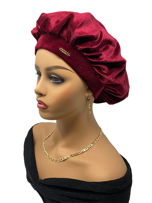 Crimson Red Velvet Sleep Bonnet For Black Hair