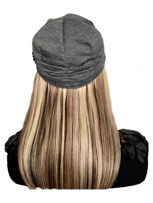 Gray Hat with Flower and 16 inch Blonde & Brown Hair Attached