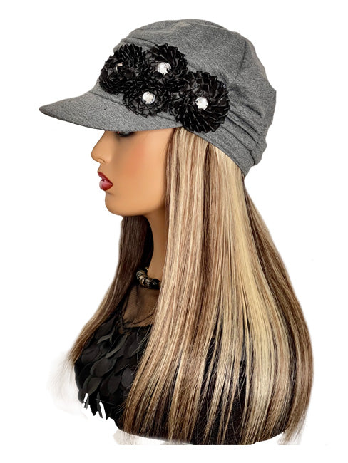 Gray Hat with Flower and 16 inch Blonde & Brown Hair Attached