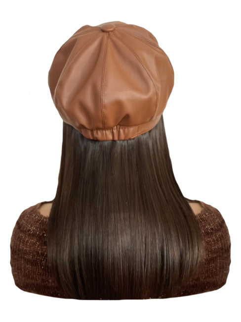 Tan Vegan Leather Hat with 16 inch Dark Brown Hair Attached