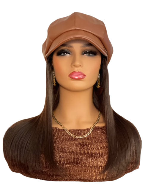 Tan Vegan Leather Hat with 16 inch Dark Brown Hair Attached
