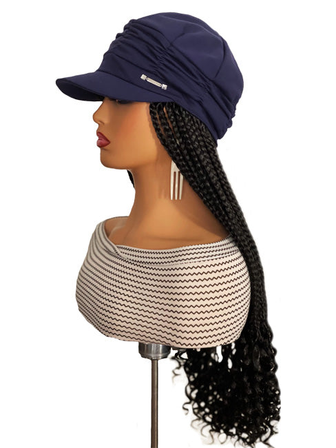 Navy Hat with 22" Synthetic Black Braids Attached