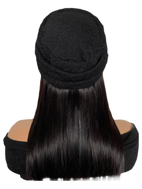 Women's Black Turban with 16" Black Straight Hair Attached