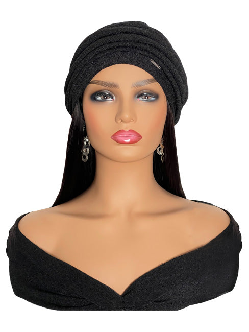 Women's Black Turban with 16" Black Straight Hair Attached