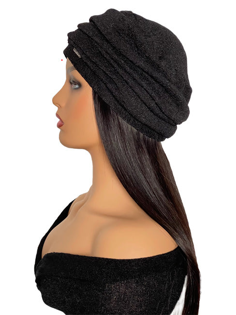 Women's Black Turban with 16" Black Straight Hair Attached