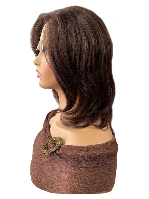 12 inch Brown Human Hair Cranial Prosthetic Wig with Highlights