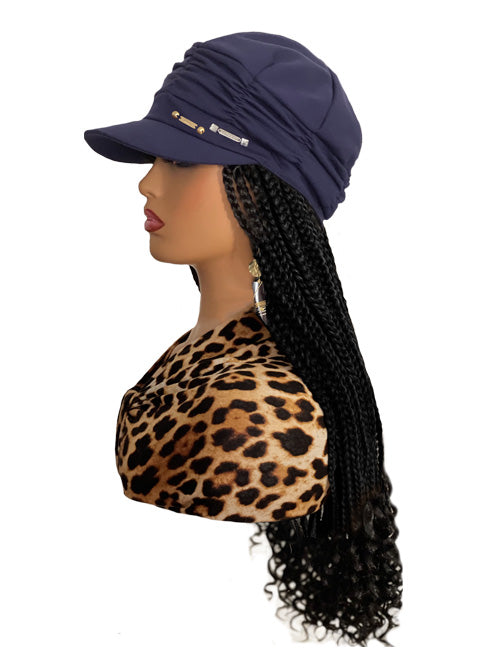 Navy Fashion Hat with 20″ Synthetic Black Braids Attached