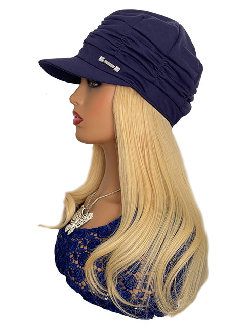 Navy Hat with 16 inch Blonde Hair Attached