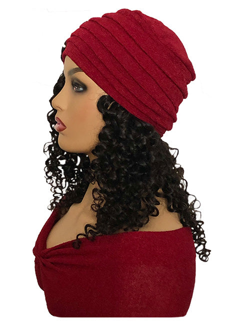 Women's Stylish Red Turban with Black Flower and 14" Curly Black Hair Attached