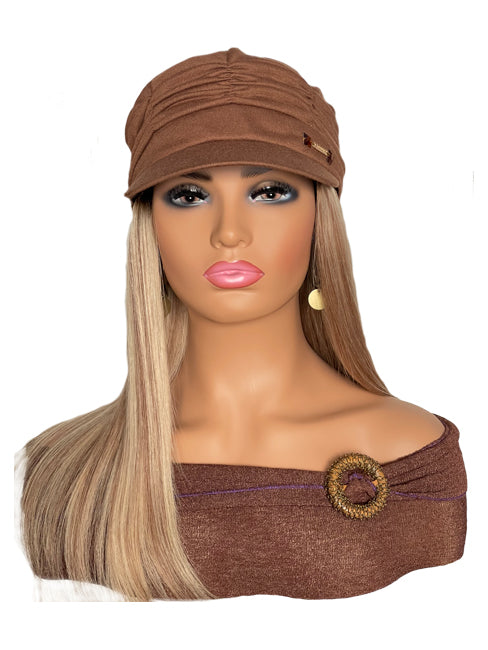 Stylish Chemo Hat with 16" Straight Blonde & Brown Hair Attached