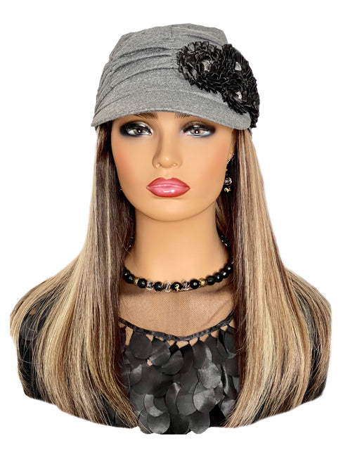 Gray Hat with Flower and 16 inch Blonde & Brown Hair Attached