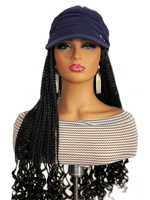 Navy Hat with 22" Synthetic Black Braids Attached